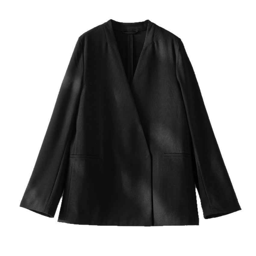 Damen kragenloser Longline-Blazer mit offenem V-Ausschnitt und Eingrifftaschen Echoarchiv