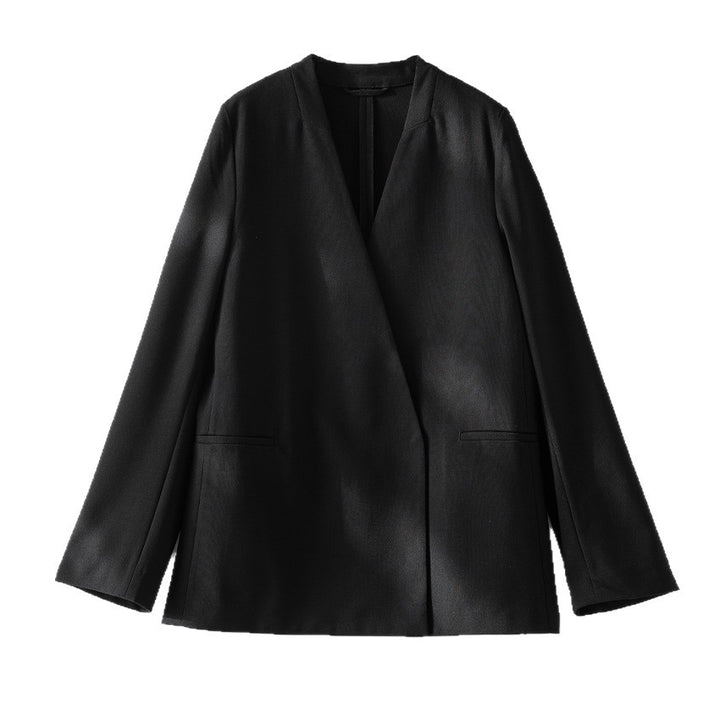 Damen kragenloser Longline-Blazer mit offenem V-Ausschnitt und Eingrifftaschen Echoarchiv