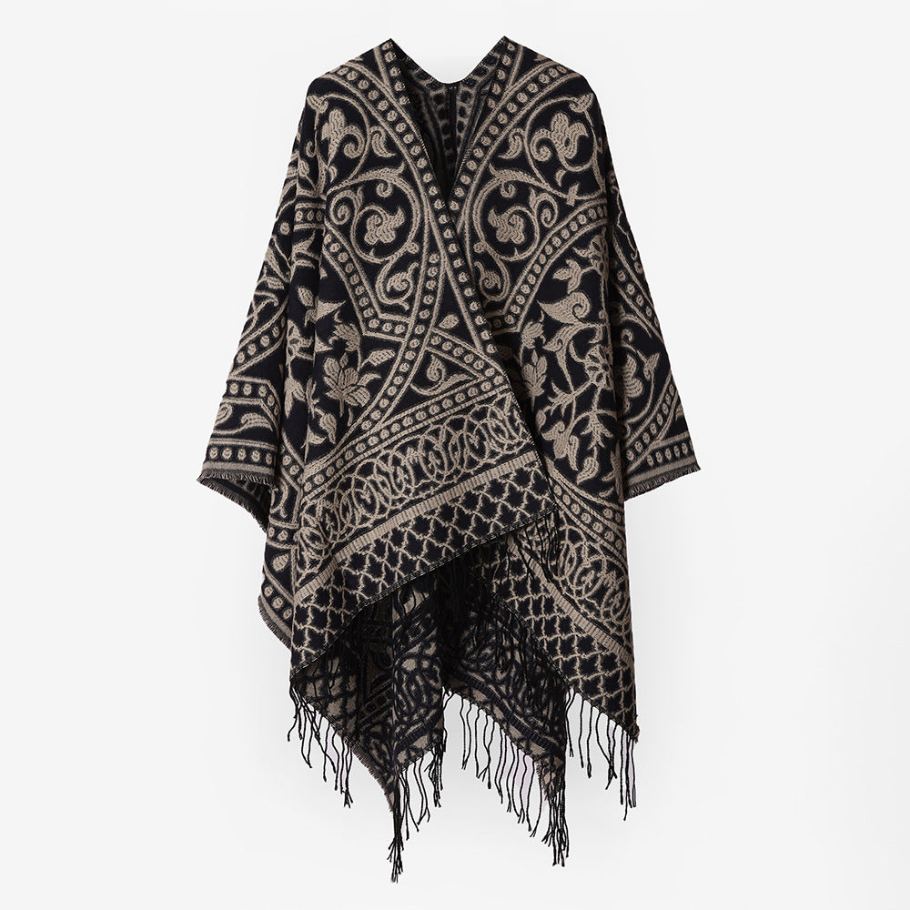 Damen Grobgewebter Rechteck‑Poncho mit orientalischem Medaillon‑Jacquard und dekorativem Fransensaum – Avérine