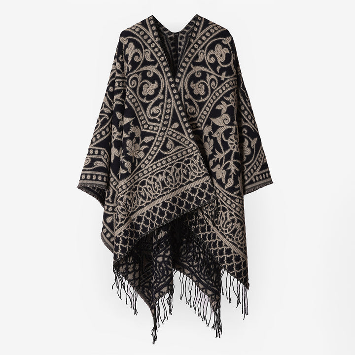 Damen Grobgewebter Rechteck‑Poncho mit orientalischem Medaillon‑Jacquard und dekorativem Fransensaum – Avérine