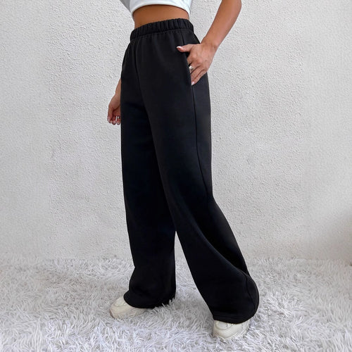 Damen weite Loungehose aus French Terry mit hohem Komfortbund, seitlichen Eingrifftaschen und fließendem Bein – Avélisse