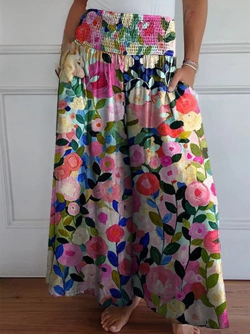Damen-Maxi-Rock mit hohem Smockbund, weitem Fall und seitlichen Taschen – Valéora