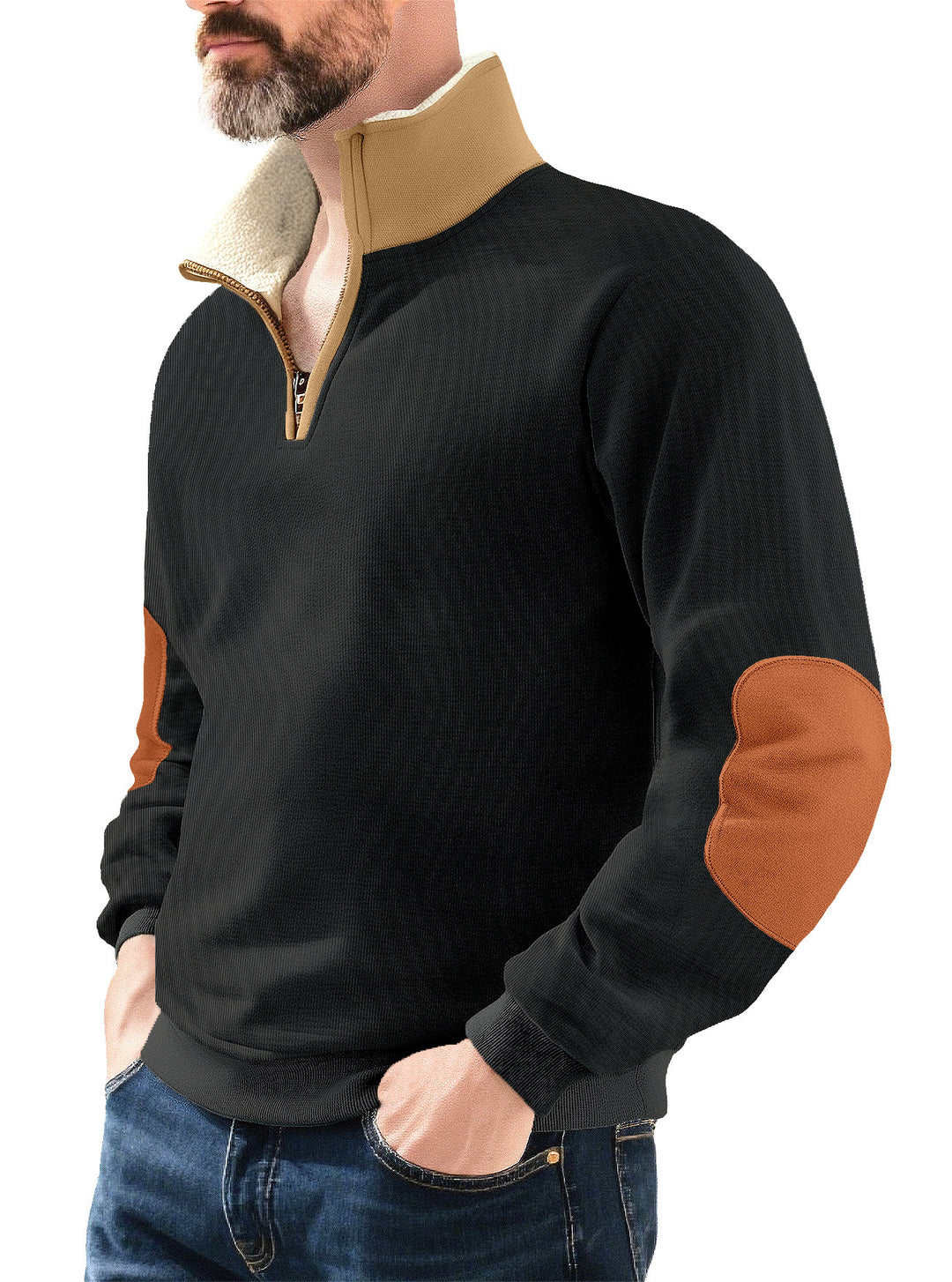 Herren Mikrofleece-Pullover mit Stehkragen und kontrastierenden Ellbogen-Patches Echoarchiv