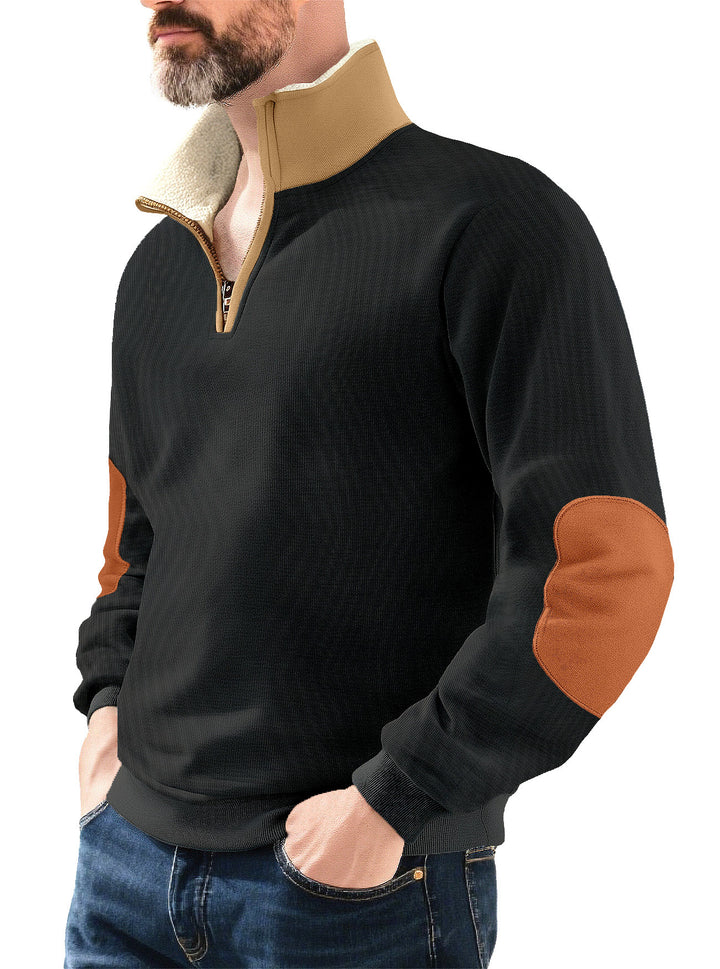 Herren Mikrofleece-Pullover mit Stehkragen und kontrastierenden Ellbogen-Patches Echoarchiv