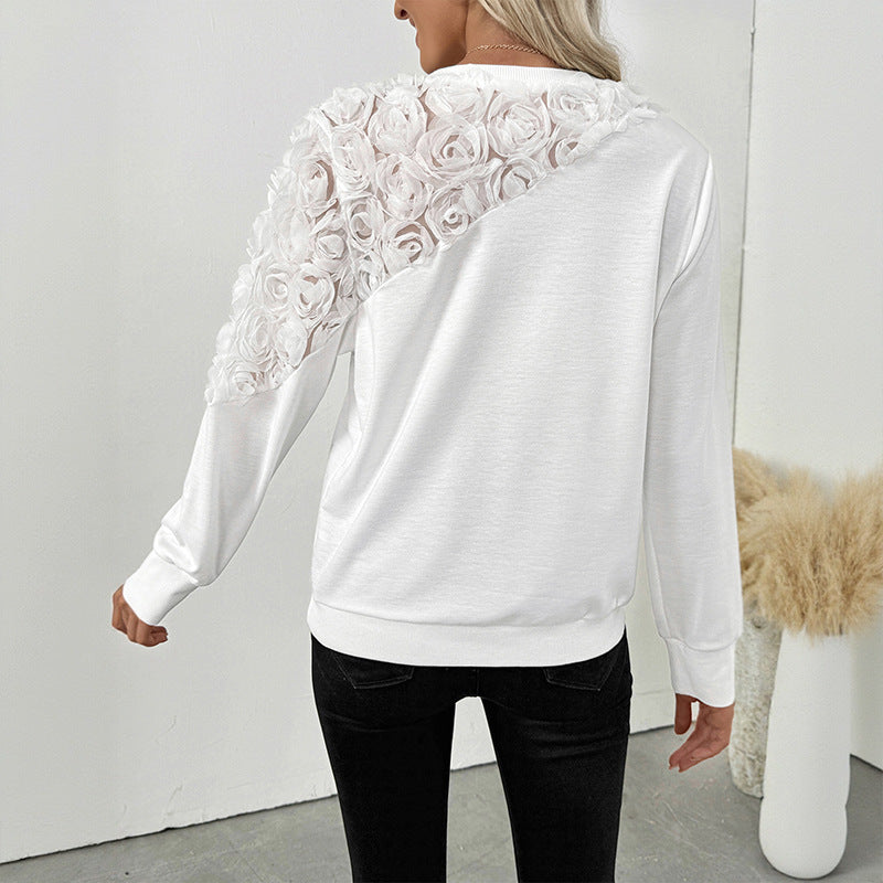 Damen Sweatshirt mit 3D-Rosenapplikation und transparentem Einsatz Echoarchiv