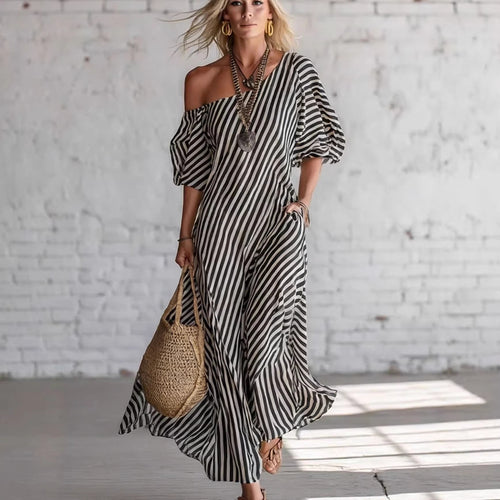 Damen Maxikleid mit asymmetrischem Schnitt und auffälligen Streifen Echo Archiv