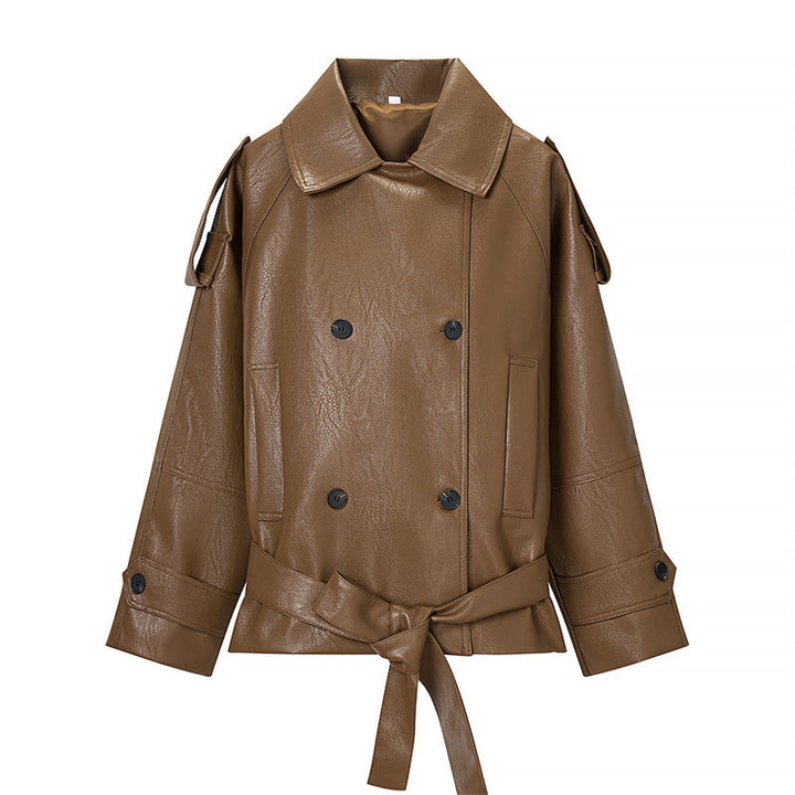 Damen Cropped Kunstleder-Trenchjacke mit Taillengürtel, Doppelreiher und Schulterklappen Echo Archiv
