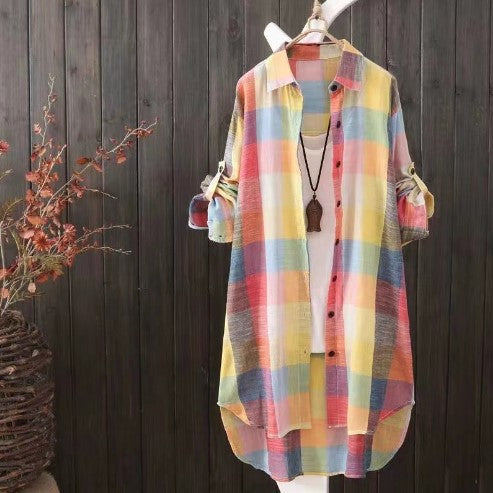 Damen Karo-Hemdbluse im lässigen Oversized-Schnitt mit langen Ärmeln und umschlagbaren Ärmeln – Maréline