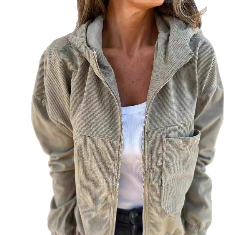Damen nan Feincord-Übergangsjacke mit Kapuze, Reißverschluss, elastischen Bündchen und seitlichen Eingrifftaschen Echo Archiv