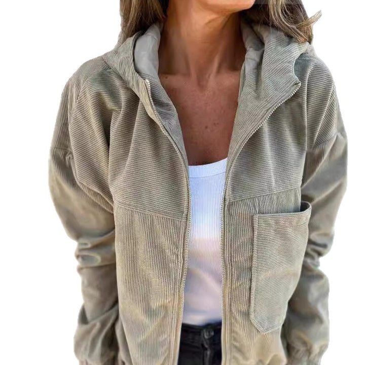 Damen nan Feincord-Übergangsjacke mit Kapuze, Reißverschluss, elastischen Bündchen und seitlichen Eingrifftaschen Echo Archiv