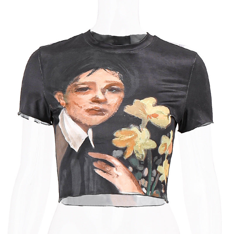 Damen cropped T-Shirt mit künstlerischem Druck und figurbetonter Passform Echo Archiv
