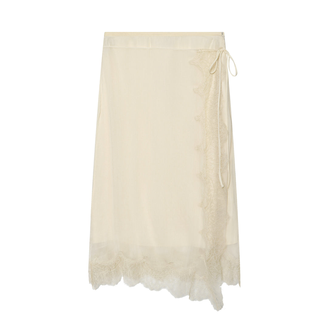 Damen Semi-transparenter Wickel-Midirock aus Chiffon mit Spitzensaum und Bindeband Echoarchiv