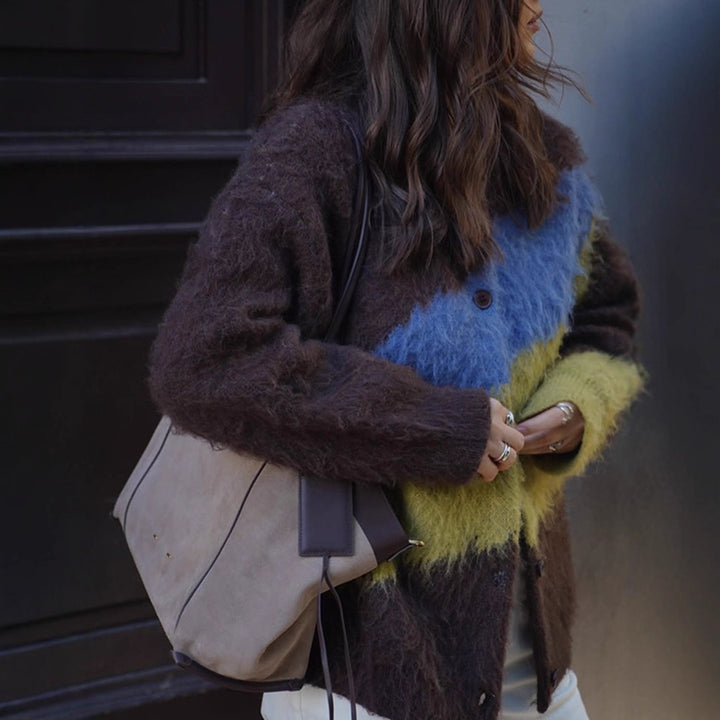 Damen Oversize Mohair-Blend Cardigan mit abstraktem Farbblock und Knopfleiste Echoarchiv