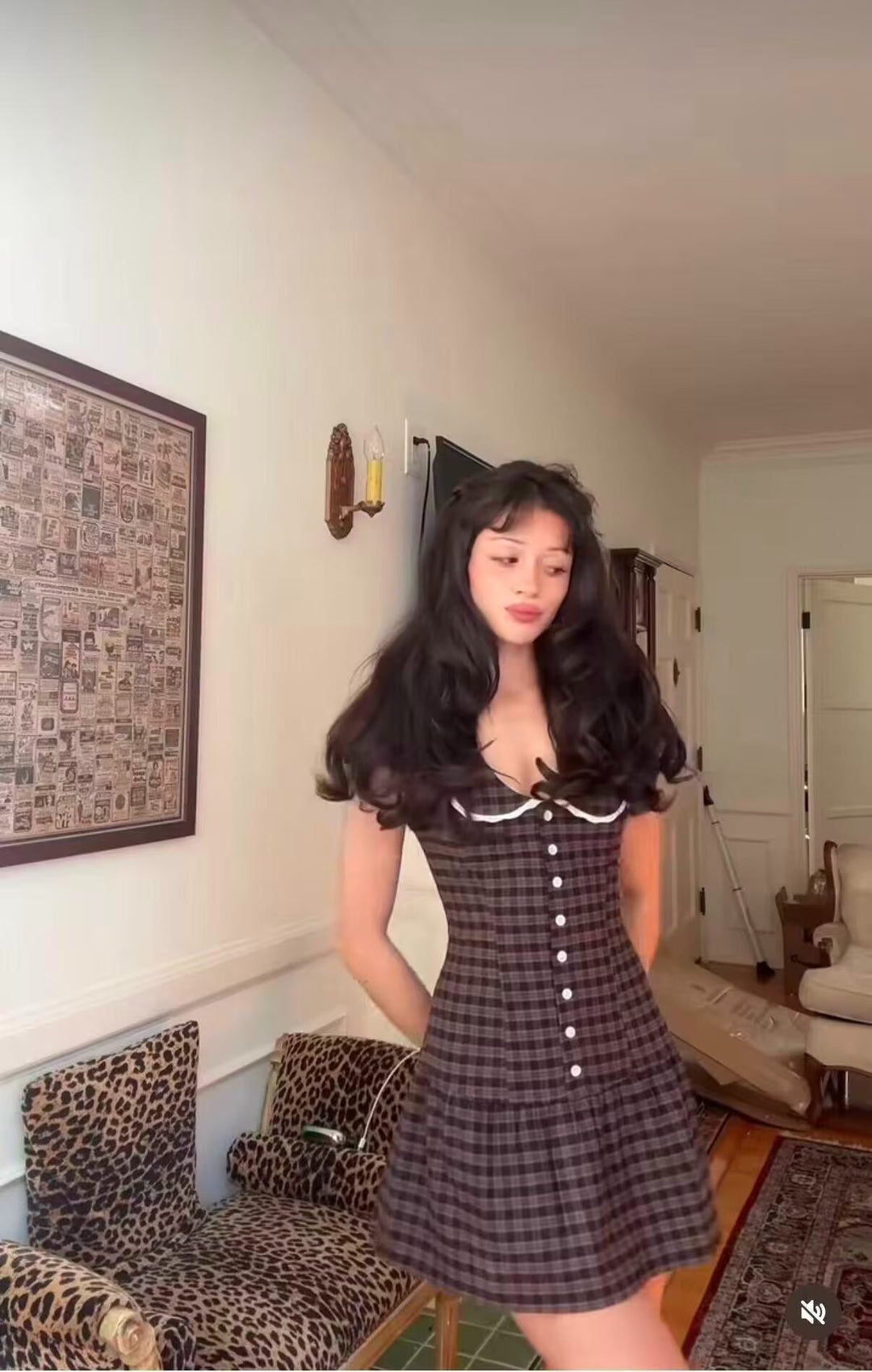 Damen Kariertes A-Linien-Minikleid mit kontrastierendem Bubikragen und Knopfleiste Echoarchiv