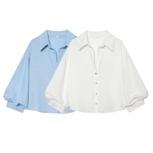 Damen Gekürzte Boxy-Bluse mit weiten Ballonärmeln und Hemdkragen Echo Archiv