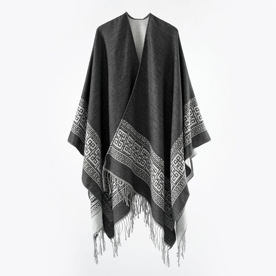 Damen Reversibler Wollmix‑Überwurf im Kimono‑Fall mit ornamentaler Bordüre und Zierfransen – Célinea