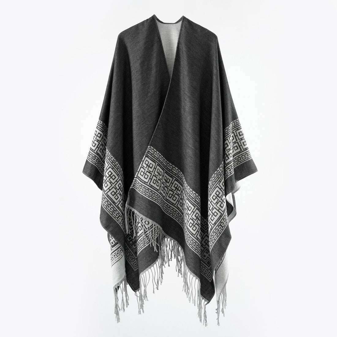 Damen Reversibler Wollmix‑Überwurf im Kimono‑Fall mit ornamentaler Bordüre und Zierfransen – Célinea