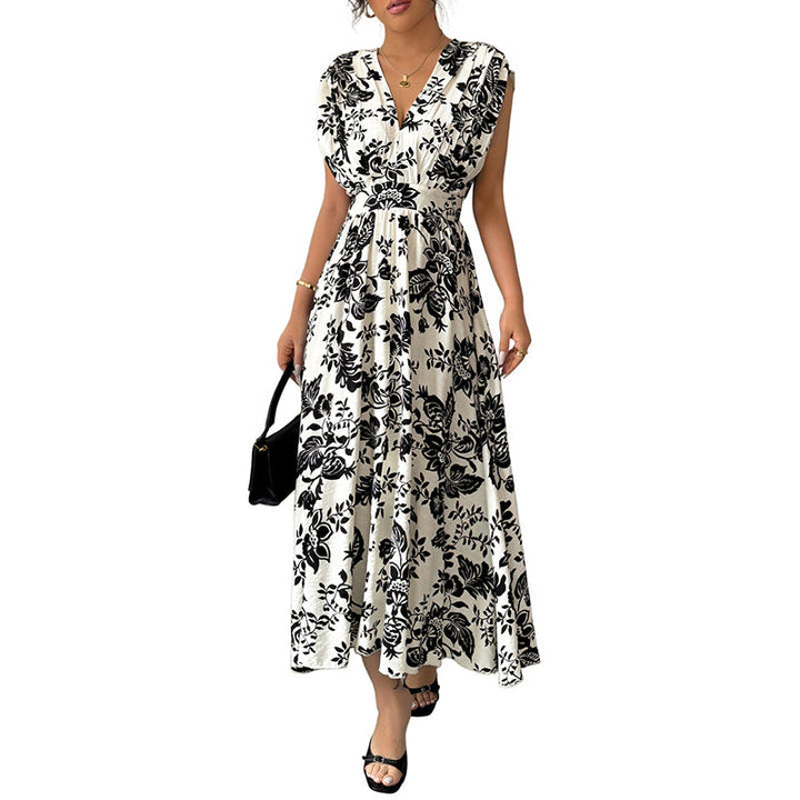 Damen Fließendes Midikleid mit V-Ausschnitt, geraffter Taille und Jacquard‑Struktur Echoarchiv