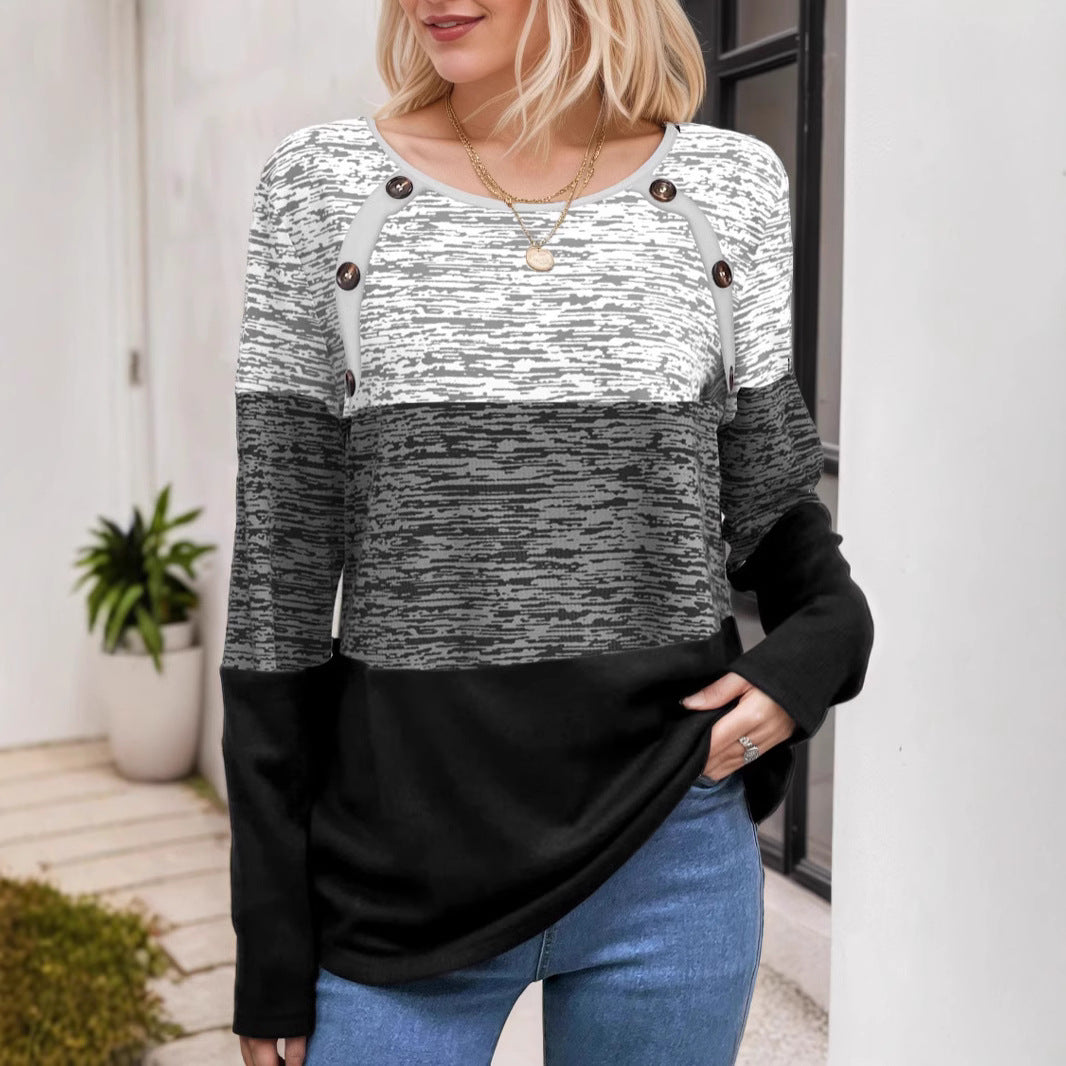 Damen Colorblock-Longsleeve mit Schulter-Knopfleiste & strukturierter Melange-Optik – Avérine