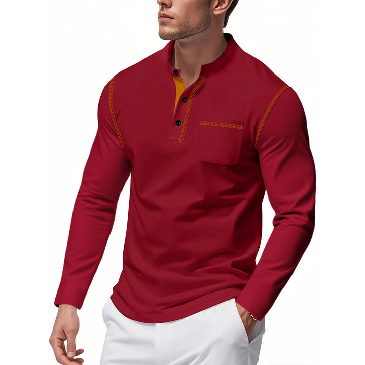 Herren nan Henley-Langarmshirt mit Stehkragen, Brusttasche und kontrastierenden Ziernähten Echo Archiv