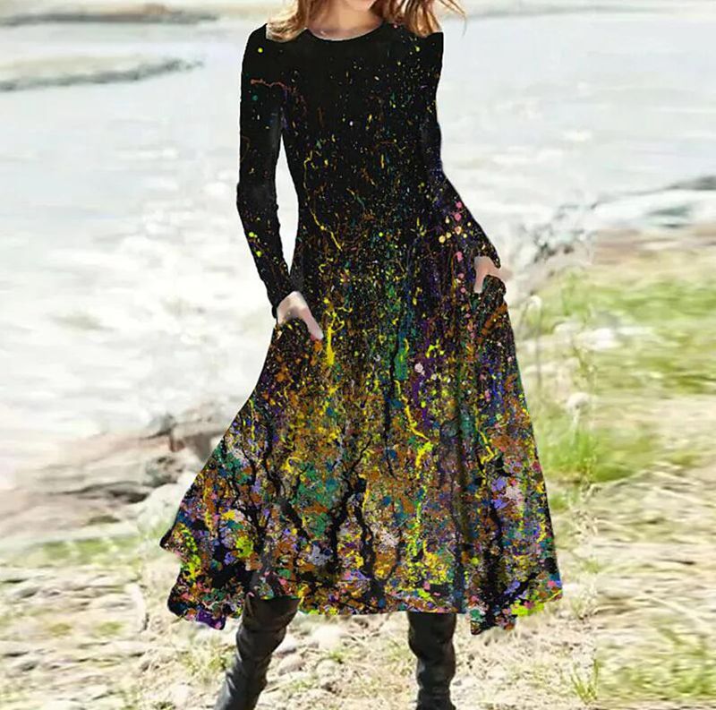 Damen nan A-Linien-Midikleid mit abstraktem Spritzmuster, Rundhalsausschnitt, langen Ärmeln und Eingrifftaschen Echo Archiv