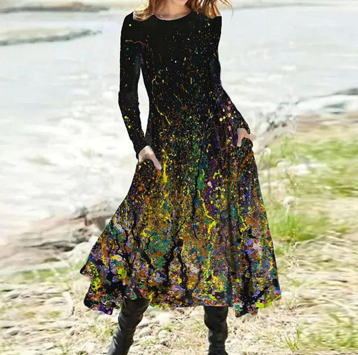 Damen nan A-Linien-Midikleid mit abstraktem Spritzmuster, Rundhalsausschnitt, langen Ärmeln und Eingrifftaschen Echo Archiv