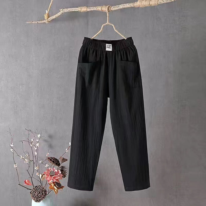 Damen nan lässige Leinenmix-Hose mit elastischem Bund, geradem Bein und großen aufgesetzten Taschen Echo Archiv