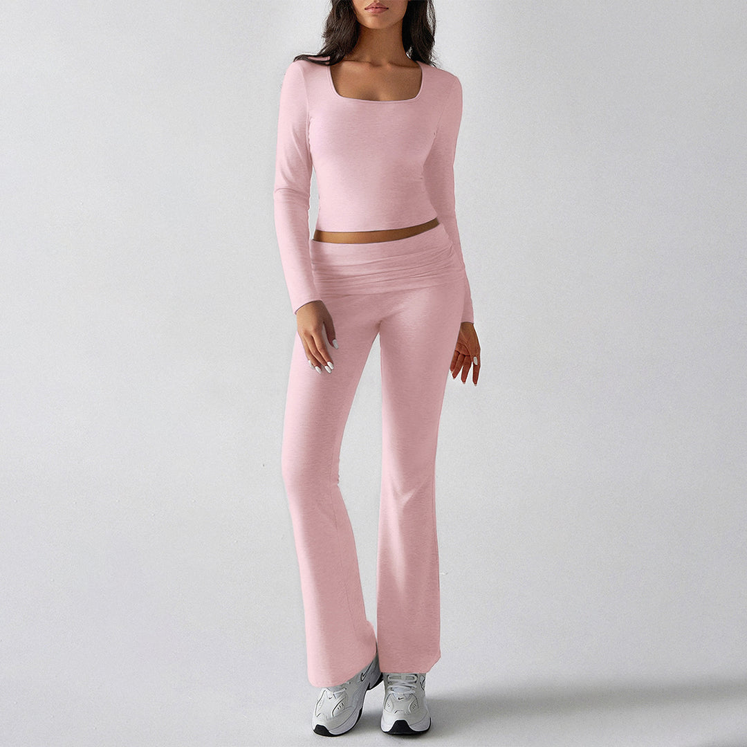 Damen figurbetontes Cropped-Set mit langärmeligem Top mit quadratischem Ausschnitt und ausgestellter High‑Waist Yoga-Hose – Avérine