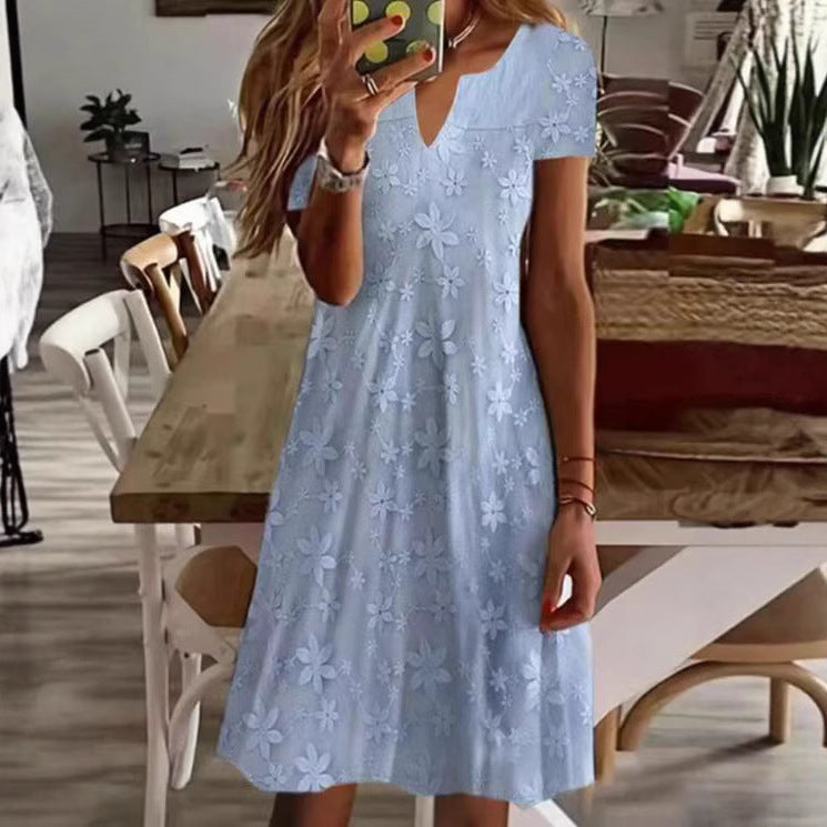 Damen nan knielanges A-Linien-Kleid aus Baumwollmix mit besticktem Broderie-Overlay, kurzen Ärmeln und V-Ausschnitt Echo Archiv