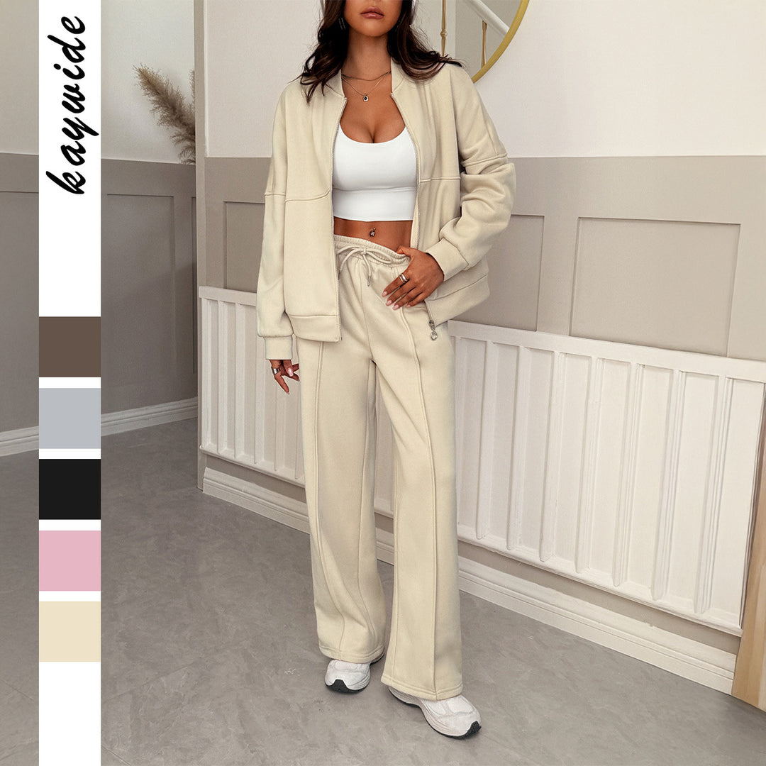Damen Oversize-Sweatset mit Reißverschluss-Bomberjacke und Highwaist-Palazzohose – Avérine