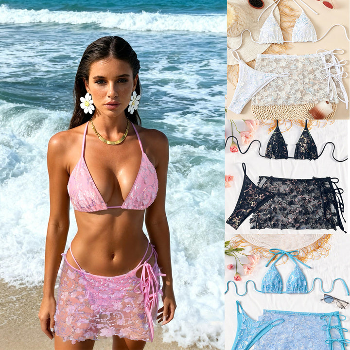 Damen Blumenmuster Triangel-Bikini mit transparentem Überrock Echo Archiv