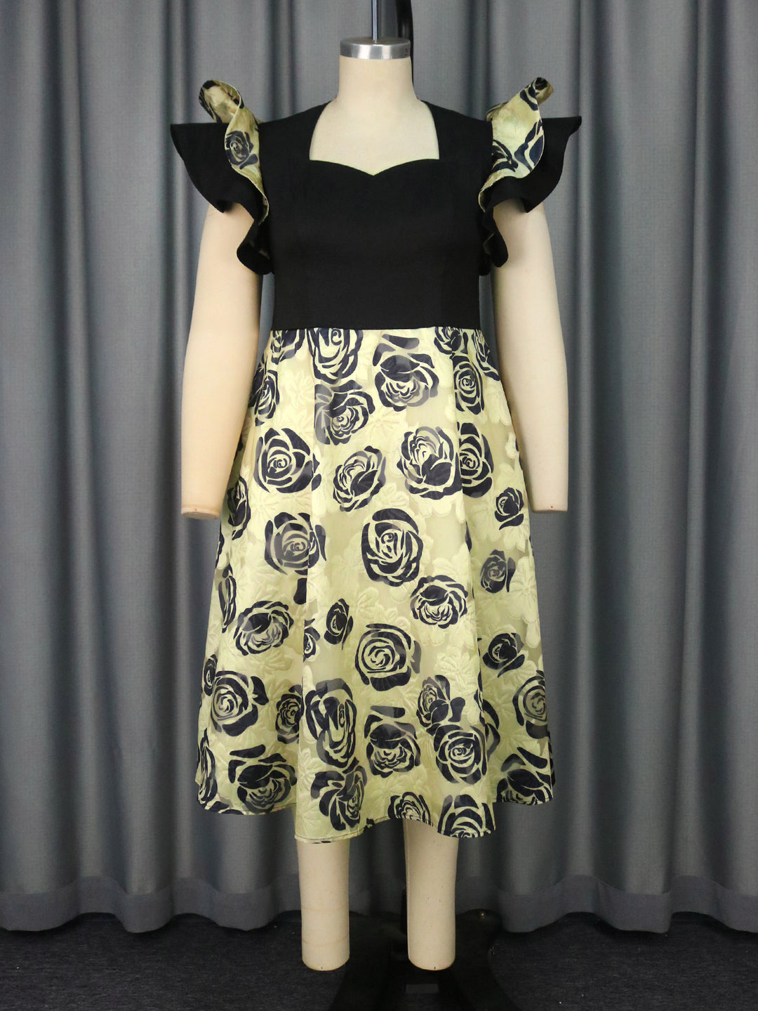 Damen Elegantes Blumenmuster Kleid mit Rüschärmeln Echo Archiv