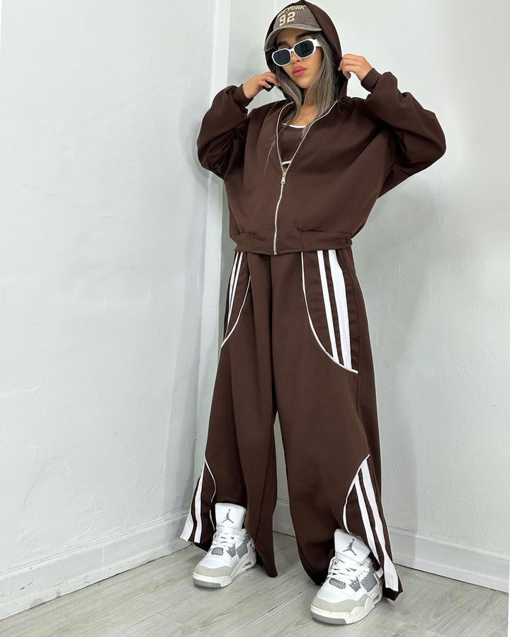 Damen Oversize Kapuzen-Sweatjacke mit Reißverschluss und weitem Trackpant-Set – Auréline