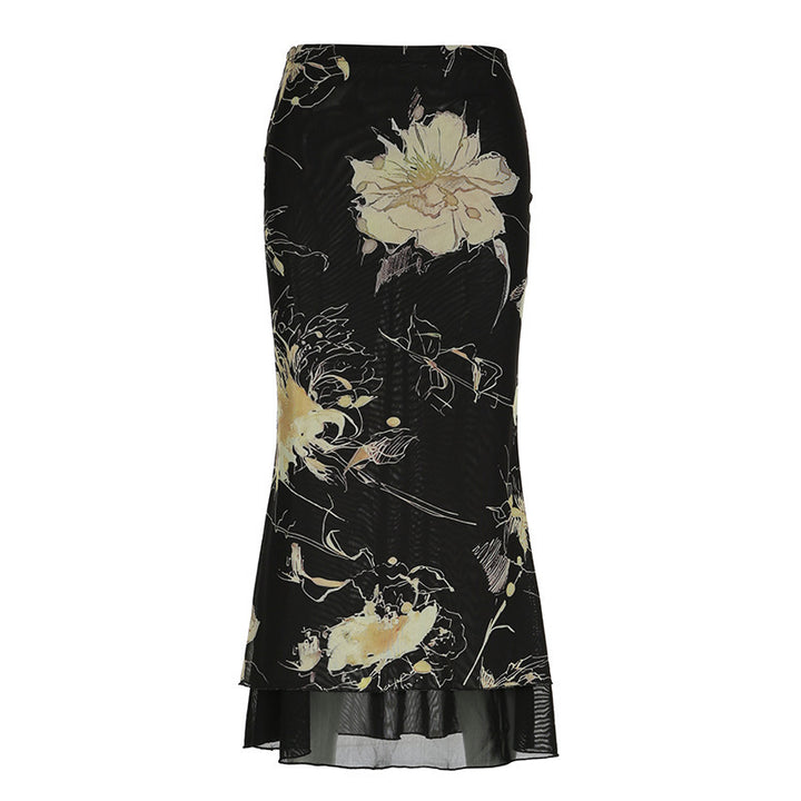 Damen Eleganter Maxirock mit floralem Muster und transparentem Untergrund Echo Archiv