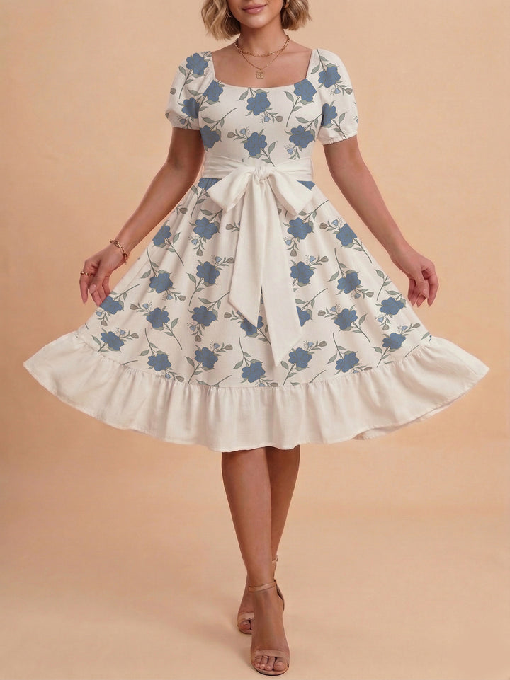 Damen Blumenkleid mit taillierbarem Gürtel und voluminösen Ärmeln Echo Archiv