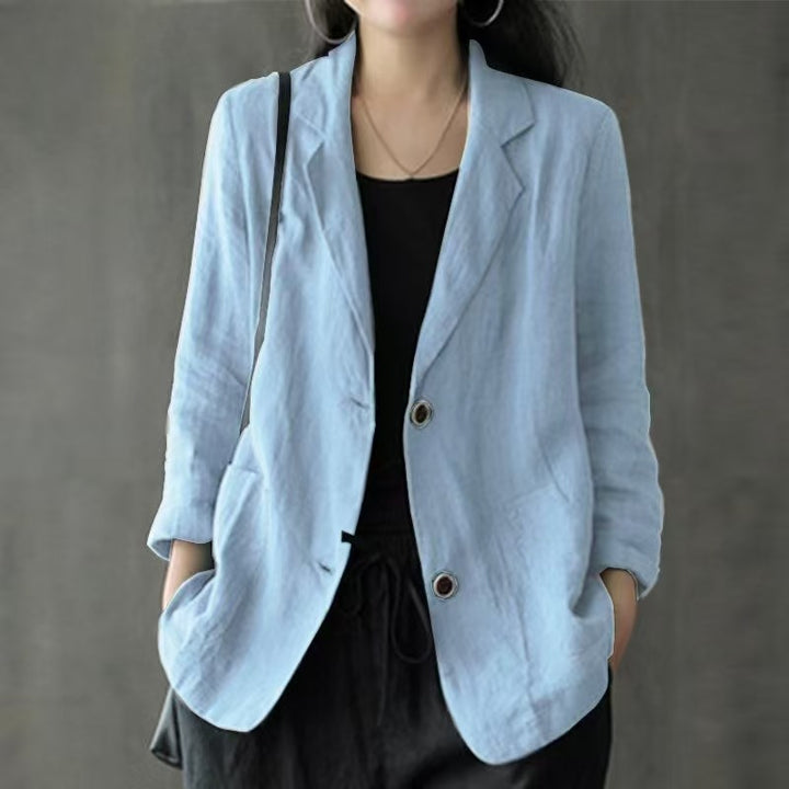 Damen Leinenblazer im lässigen Stil mit lockerer Passform und aufgesetzten Taschen – Célinea