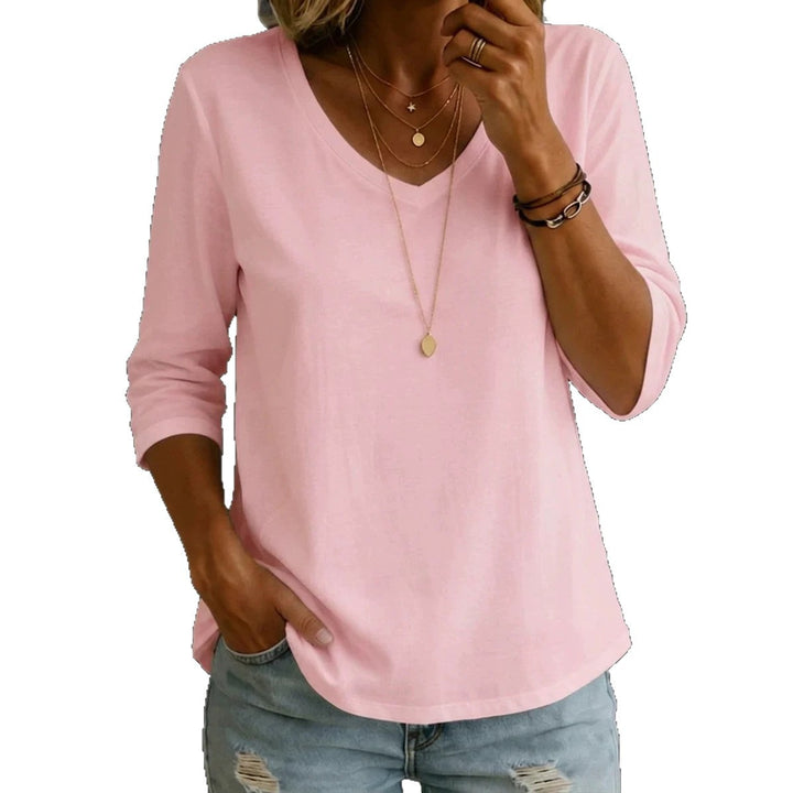 Damen Lockeres V-Ausschnitt-Shirt mit 3/4-Ärmeln und gerundetem Saum – Orélia