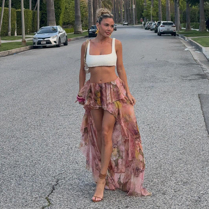 Damen floraler asymmetrischer Rock mit Rüschendetails Echo Archiv