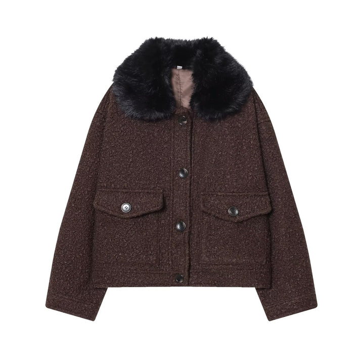 Damen Cropped Bouclé-Jacke mit weichem Kunstfellkragen und Pattentaschen Echoarchiv