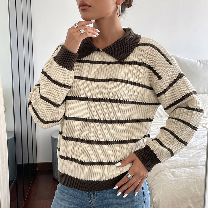 Damen Modischer Strickpullover mit Kragen und Blockstreifen Echo Archiv