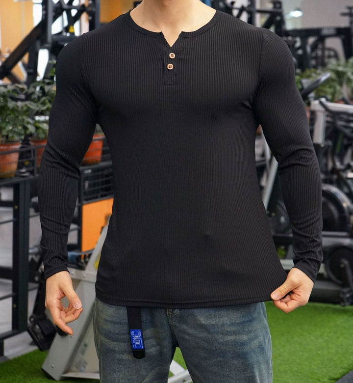 Herren Langarmshirt mit Rippstruktur und Knopfleiste Echoarchiv