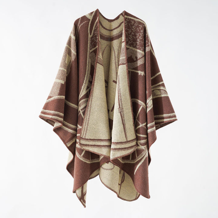 Damen Wollmix-Reversible Cape mit grafischem Jacquard und offenem Kimonofall – Montévia