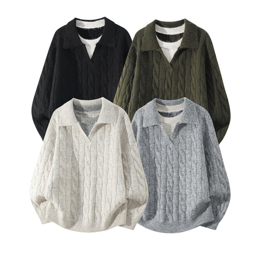 Damen Oversize Zopfmuster-Pullover mit offenem Polokragen & Layer‑Look Echoarchiv