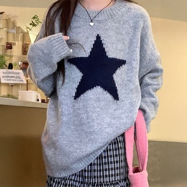 Damen oversized Strickpullover mit markantem Sternmotiv, Rundhalsausschnitt und gerippten Bündchen – Mavelle