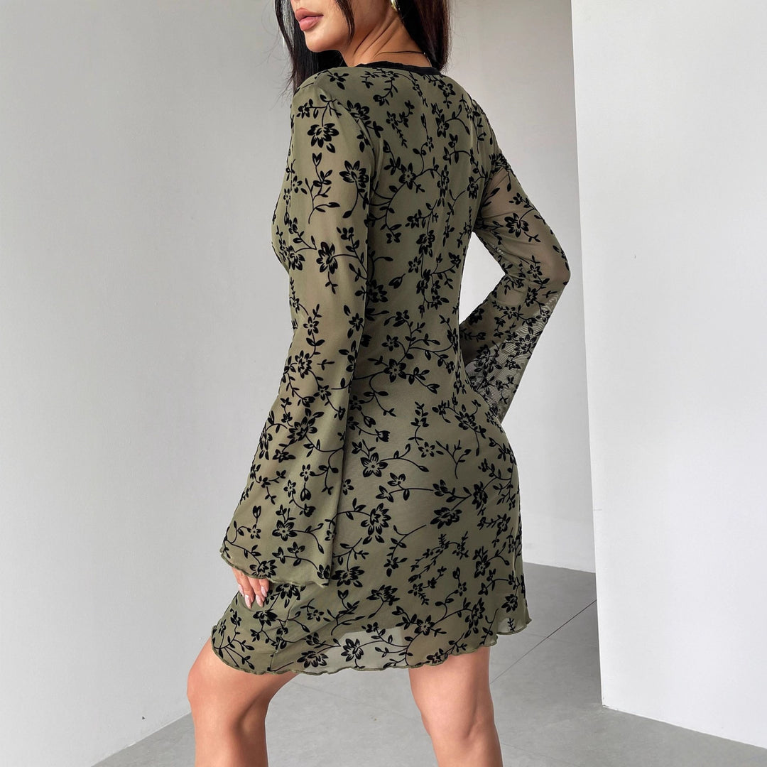 Damen nan tailliertes Netzstoff-Minikleid mit Samtflock-Blütenmuster, tiefem V-Ausschnitt und Schleifenapplikation Echo Archiv