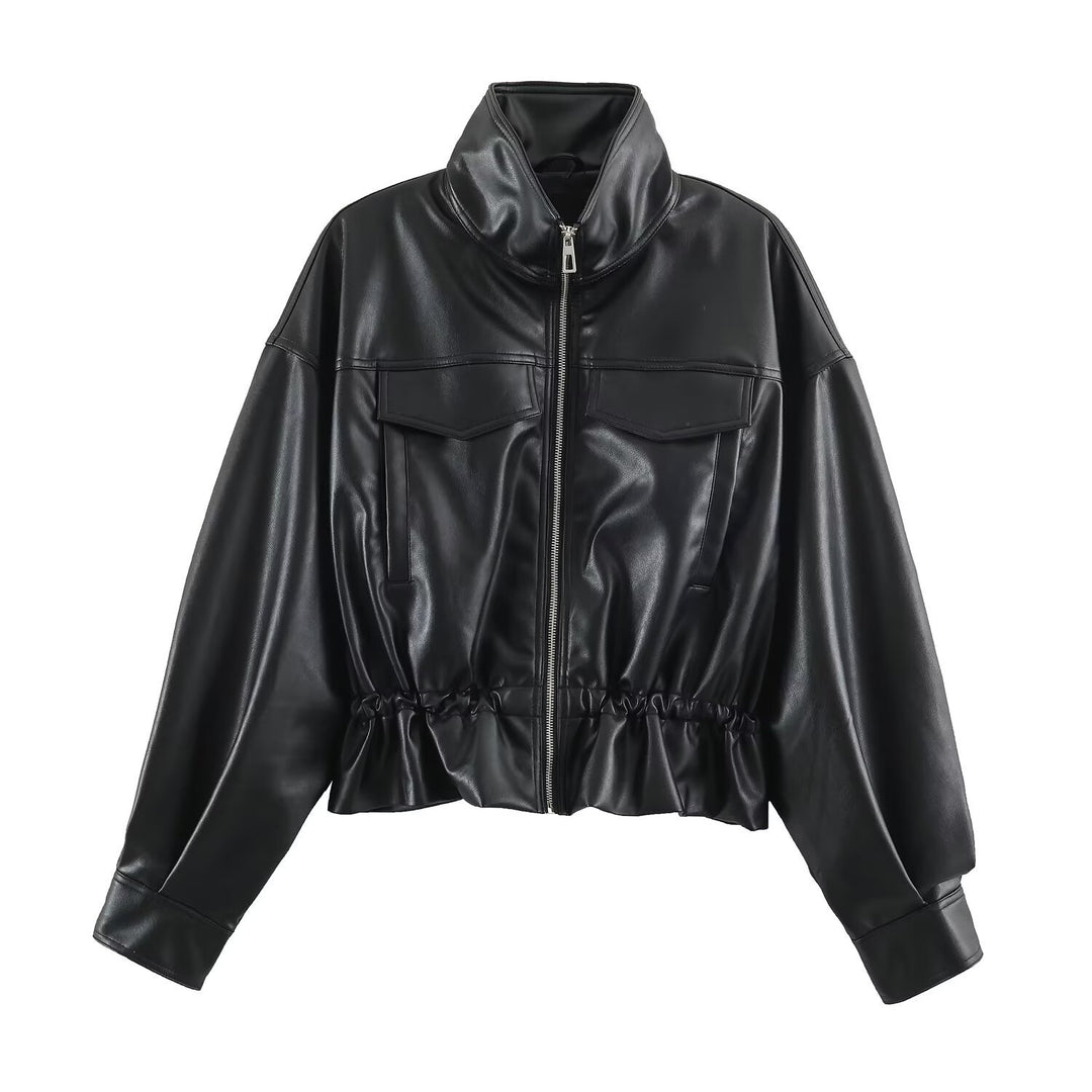 Damen Kurzer Oversize Kunstleder-Bomber mit Stehkragen, Pattentaschen und Kordelzug Echo Archiv