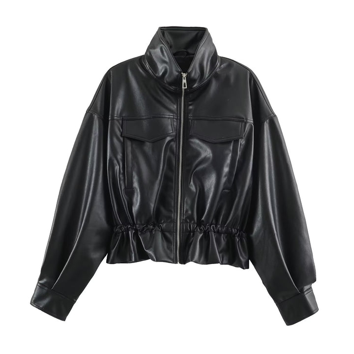 Damen Kurzer Oversize Kunstleder-Bomber mit Stehkragen, Pattentaschen und Kordelzug Echo Archiv