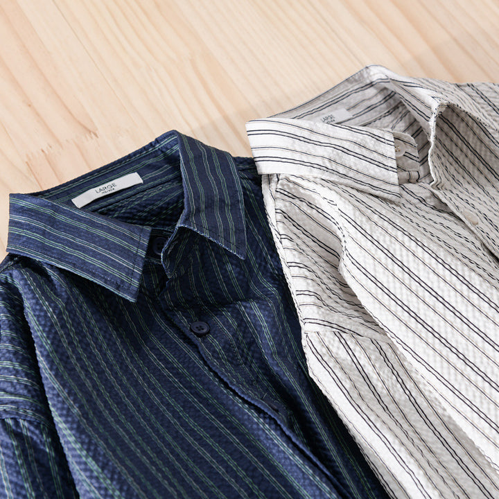 Herren Leichtes gestreiftes Baumwoll‑Leinen Layering‑Overshirt mit Kentkragen, Brusttasche und Crinkle‑Struktur Echoarchiv