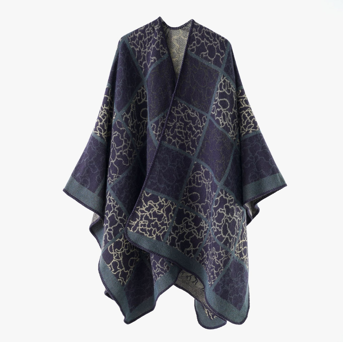 Damen Cape‑Überwurf aus Wollmix mit grafischem Karo‑Jacquard und offener Kimono‑Silhouette – Montévia