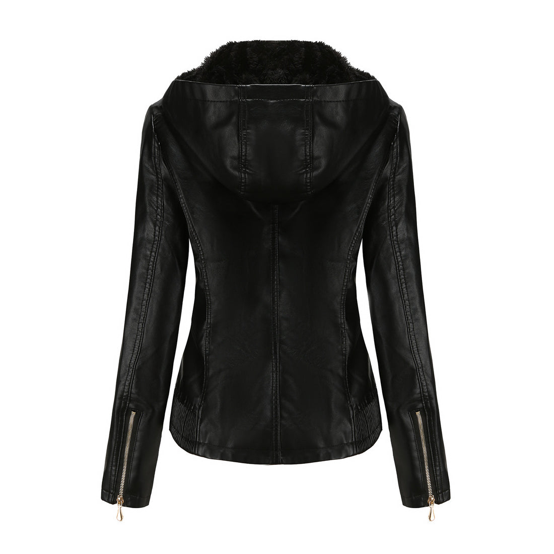 Damen taillierte Kunstlederjacke mit Kapuze, wattiertem Innenfutter und verdeckten Reißverschlusstaschen – Célinea
